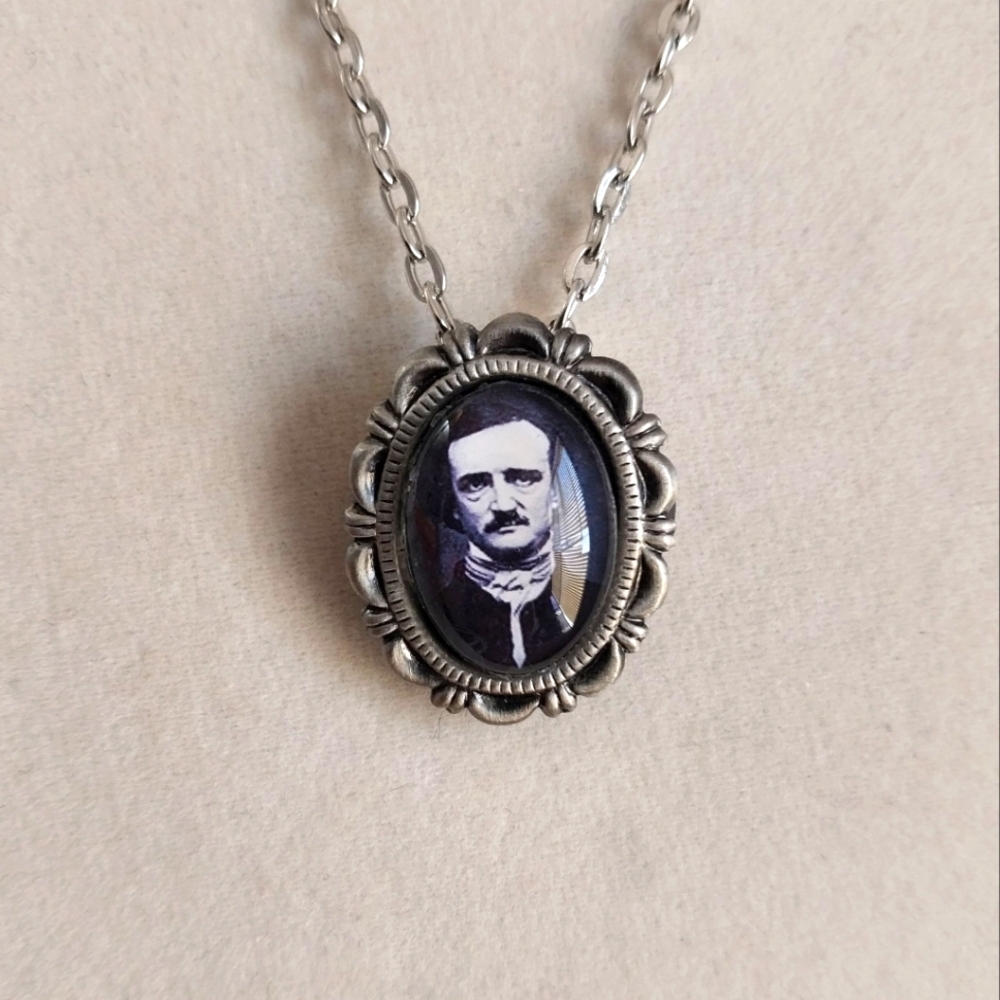 Goth Edgar Allan Poe handmade brooch pin necklace